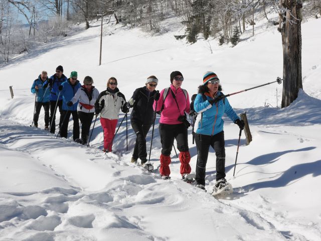 8 people hiking with snowshoes. Frontal view.